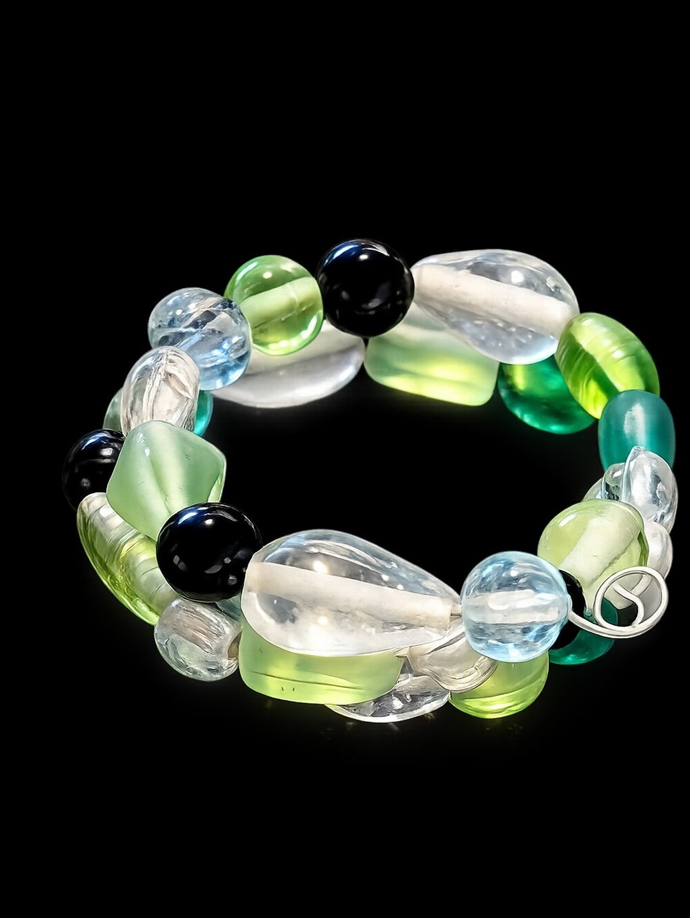 13.5" Handmade Mixed Glass & Fluorite Bead Wire Bracelet Cottagecore Boho - Picture 3 of 6